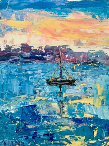 Painting titled "Sunset Seascape Imp…" by Vilma Gataveckiene, Original Artwork, Oil
