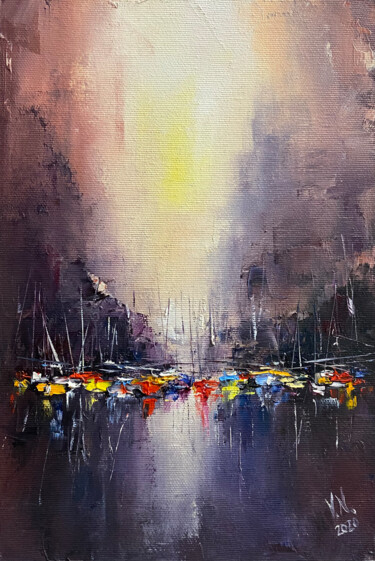 Painting titled "Sunrise. Boats." by Volodymyr Nezdiimynoha, Original Artwork, Oil Mounted on Wood Stretcher frame