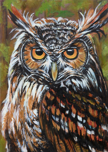 Painting titled "Búho con ojos naran…" by Serhiy Serdyukov, Original Artwork, Oil