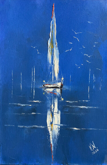 Peinture intitulée "Yacht. Seagulls." par Volodymyr Nezdiimynoha, Œuvre d'art originale, Huile Monté sur Châssis en bois