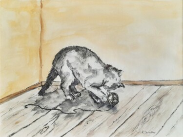 Painting titled "La jeu à la pelote" by Raymond Devanthéry, Original Artwork, Watercolor