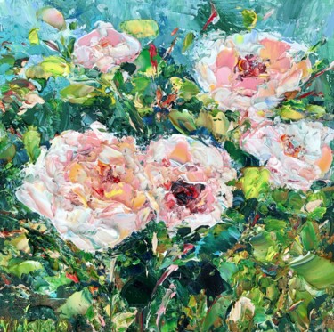 Painting titled "Pink Roses Flowers…" by Vilma Gataveckiene, Original Artwork, Oil