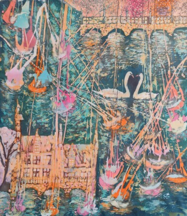 Painting titled "A city floating in…" by Anna Skripova, Original Artwork, Acrylic