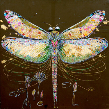 Painting titled "🖼️ “Mosaic Dragonfly”" by Olena Rudnieva (RUDNIVA), Original Artwork, Oil Mounted on Wood Stretcher frame