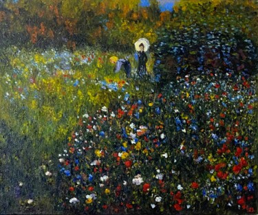 Malarstwo zatytułowany „Lady in the Wildflo…” autorstwa Nataliia Yakovenko, Oryginalna praca, Olej Zamontowany na Drewniana…