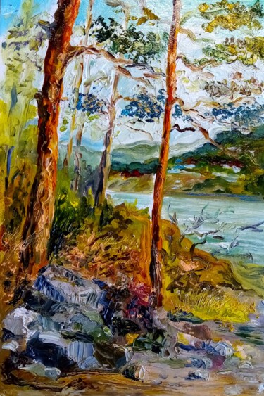 Pines on the Katun River – Small Framed Oil Landscape Altay