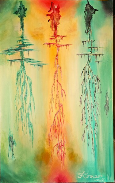 Painting titled "Galaxy's Plants, oi…" by Romeo Dobrota, Original Artwork, Oil Mounted on Wood Stretcher frame