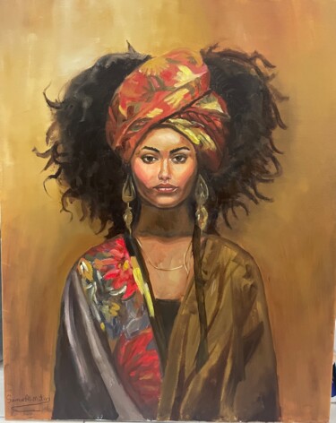 Painting titled "Beautiful African w…" by Samar Almutairi, Original Artwork, Oil Mounted on Wood Panel