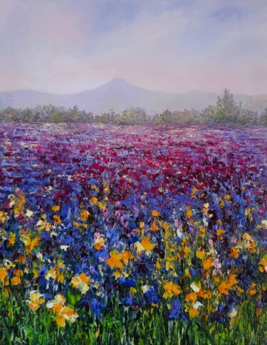 Painting titled "Blooming field. Ori…" by Nati Art, Original Artwork, Oil