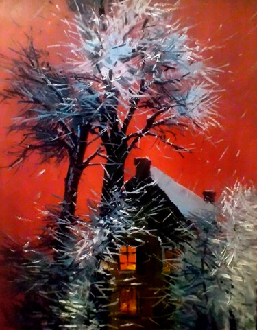 Ζωγραφική με τίτλο "Winter Night Scene" από Yerkezhan Kamentayeva, Αυθεντικά έργα τέχνης, Λάδι