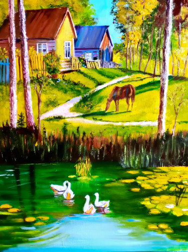 Pintura titulada "Rural Serenity" por Yerkezhan Kamentayeva, Obra de arte original, Oleo
