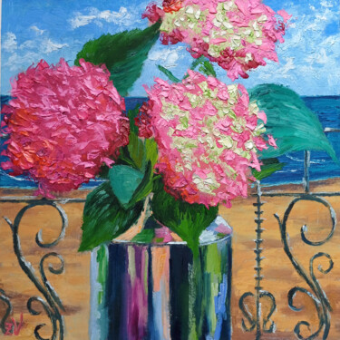 Pintura titulada "Hydrangeas by the S…" por Zina Vysota, Obra de arte original, Oleo Montado en Cartulina