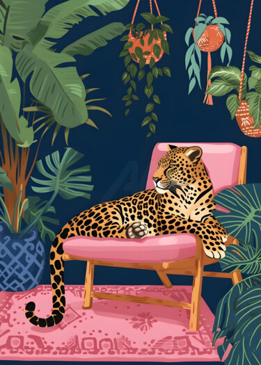 Digital Arts titled "Leopard in Pink Cha…" by Chun Yu Guan, Original Artwork, AI generated image Mounted on Wood Panel