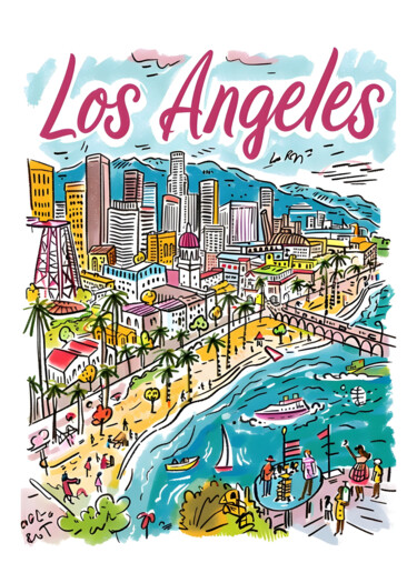 Digital Arts titled "Los Angeles Citysca…" by Chun Yu Guan, Original Artwork, AI generated image Mounted on Wood Panel