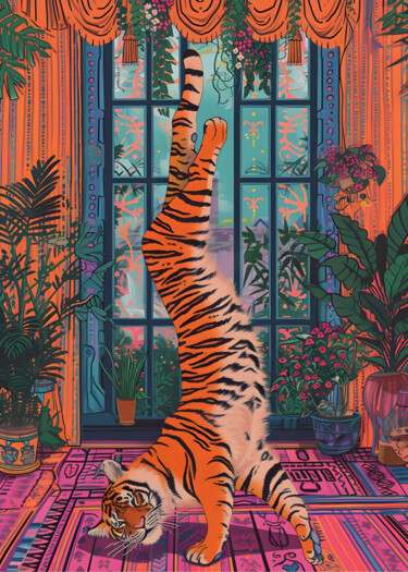 Digital Arts titled "Tiger Yoga: Home De…" by Chun Yu Guan, Original Artwork, AI generated image Mounted on Wood Panel