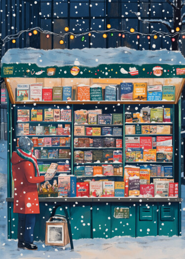 Arts numériques intitulée "Snowy Day Bookstall…" par Chun Yu Guan, Œuvre d'art originale, Image générée par l'IA Monté sur P…