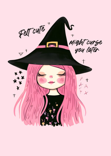 Digital Arts titled "Cute Witch Girl Hal…" by Chun Yu Guan, Original Artwork, AI generated image Mounted on Wood Panel