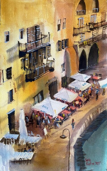 Painting titled "Old Kyrenia harbour" by Svetlana Kostina, Original Artwork, Watercolor