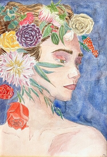 Painting titled "Femme aux fleurs 4" by Mulhode, Original Artwork, Watercolor