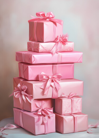 Digital Arts titled "Pink Present Pile:…" by Chun Yu Guan, Original Artwork, AI generated image Mounted on Wood Panel