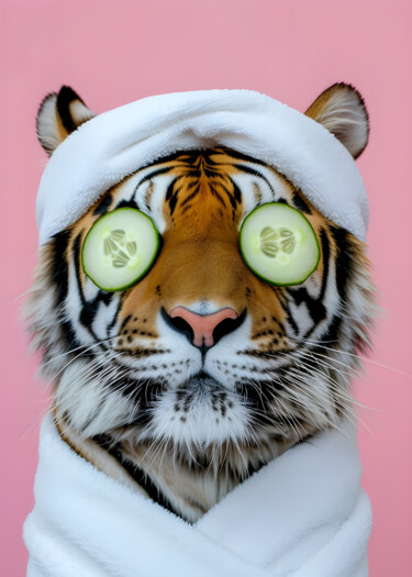 Digital Arts titled "Spa Day Tiger: Cute…" by Chun Yu Guan, Original Artwork, AI generated image Mounted on Wood Panel