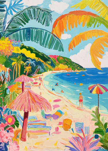 Digital Arts titled "Vibrant Tropical Be…" by Chun Yu Guan, Original Artwork, AI generated image Mounted on Wood Panel