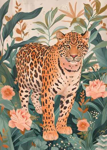 Digital Arts titled "Elegant Leopard in…" by Chun Yu Guan, Original Artwork, AI generated image Mounted on Wood Panel