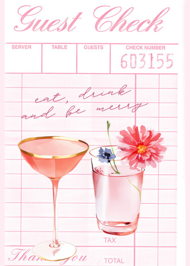 "Pink Cocktails Gues…" başlıklı Dijital Sanat 春宇 关 tarafından, Orijinal sanat, AI tarafından oluşturulan görüntü Ahşap panel…