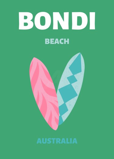Digital Arts titled "Bondi Beach Surfboa…" by Chun Yu Guan, Original Artwork, AI generated image Mounted on Wood Panel