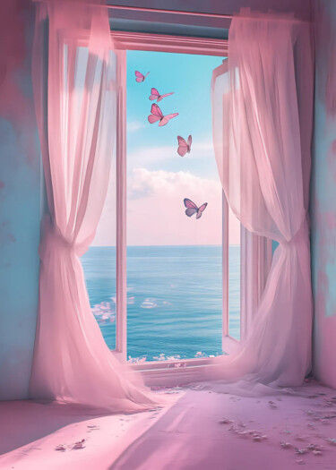 "Ocean View Window w…" başlıklı Dijital Sanat 春宇 关 tarafından, Orijinal sanat, AI tarafından oluşturulan görüntü Ahşap panel…