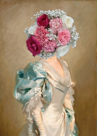 Digital Arts titled "Floral Lady: Vintag…" by Chun Yu Guan, Original Artwork, AI generated image Mounted on Wood Panel