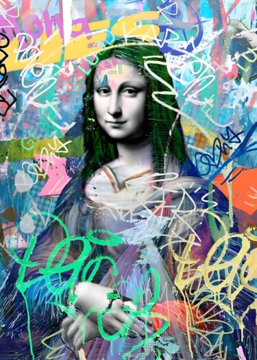 数字艺术 标题为“Mona Lisa Graffiti…” 由春宇 关, 原创艺术品, AI生成的图像 安装在木板上