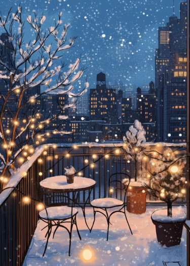 Artes digitais intitulada "Snowy City Balcony…" por Chun Yu Guan, Obras de arte originais, Imagem gerada por IA Montado em P…