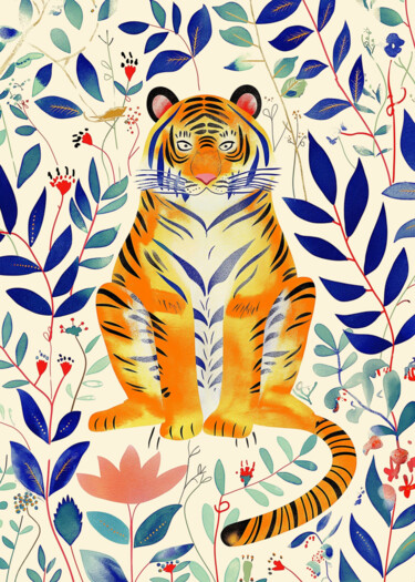 Digital Arts titled "Tiger in Floral Gar…" by Chun Yu Guan, Original Artwork, AI generated image Mounted on Wood Panel