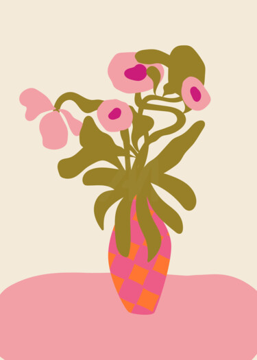 Digital Arts titled "Pink Flower in Vase…" by Chun Yu Guan, Original Artwork, AI generated image Mounted on Wood Panel