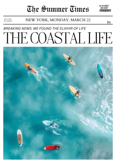 "Coastal Life: Surfi…" başlıklı Dijital Sanat 春宇 关 tarafından, Orijinal sanat, AI tarafından oluşturulan görüntü Ahşap panel…