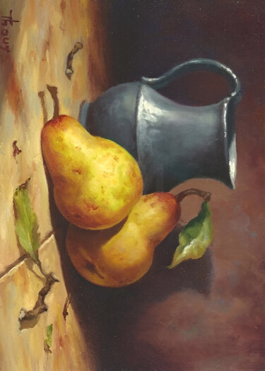 "Oil Painting: Pears…" başlıklı Dijital Sanat 春宇 关 tarafından, Orijinal sanat, AI tarafından oluşturulan görüntü Ahşap panel…