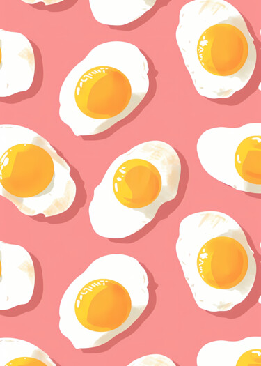 "Fried Egg Pink Patt…" başlıklı Dijital Sanat 春宇 关 tarafından, Orijinal sanat, AI tarafından oluşturulan görüntü Ahşap panel…