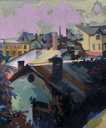 Painting titled "Roofs after the Rai…" by Tatiana Rudenko (RuTa), Original Artwork, Acrylic Mounted on Cardboard