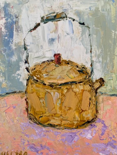 Painting titled "Golden Teapot Oil P…" by Vilma Gataveckiene, Original Artwork, Oil