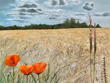 Malarstwo zatytułowany „Champ de blé et coq…” autorstwa Aurélie Leducq, Oryginalna praca, Olej Zamontowany na Drewniana rama…