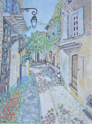 Pintura intitulada "Rue de Cagnes-sur-m…" por Marina Paro, Obras de arte originais, Aquarela Montado em Vidro