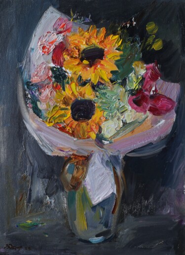 Painting titled "Bouquet with sunfl0…" by Vladislav Zdor, Original Artwork, Oil