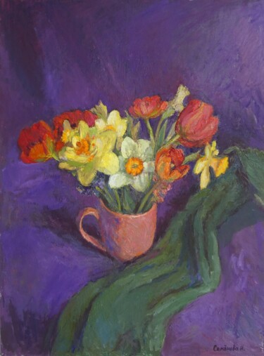 Painting titled "Spring bouquet" by Natalia Semenova, Original Artwork, Oil