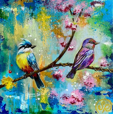 Peinture intitulée "Two birds on a bran…" par Samiya Rani, Œuvre d'art originale, Acrylique Monté sur Châssis en bois