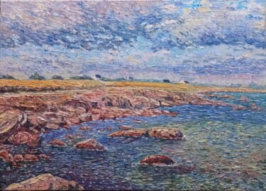 Painting titled "Roches d'écume" by Claude Rollet, Original Artwork, Oil Mounted on Wood Stretcher frame