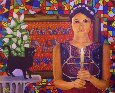 Ζωγραφική με τίτλο "Girl with Candle" από Phillip Scaife, Αυθεντικά έργα τέχνης, Ακρυλικό Τοποθετήθηκε στο Ξύλινο φορείο σκε…