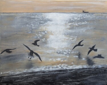 Painting titled "Farewell to the Sea" by Inna Surova, Original Artwork, Oil Mounted on Wood Stretcher frame