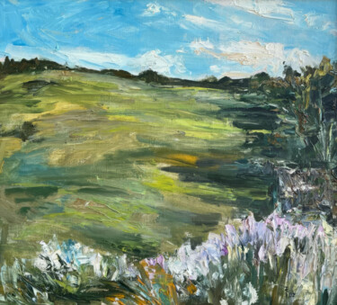 Painting titled "Purple flower field…" by Sasha Tovstik, Original Artwork, Oil Mounted on Wood Stretcher frame