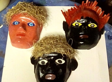 Peinture intitulée "Masks of Intent x3" par Peter Scott-Harrison, Œuvre d'art originale, Argile
